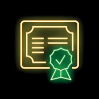 Neon sign depicting certificate with approving check mark symbol vector