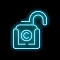 Neon icon of open padlock protecting copyright symbol representing security of intellectual property vector