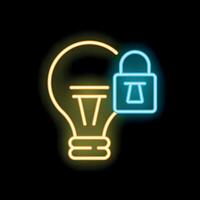 Neon icon of a locked lightbulb representing intellectual property vector