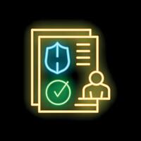 Neon icon showing validated identity document with user data secured by shield vector