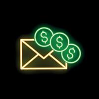 Neon envelope icon with dollar coins representing online banking and payment vector