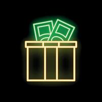 Neon sign representing money donation with banknotes and box on black background vector