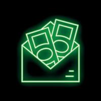 Green neon envelope containing money on black background vector