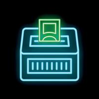 Neon sign of ballot box with voting ticket on black background vector