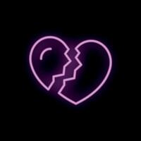 Bright pink neon sign showing broken heart on black background vector