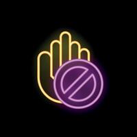 Neon stop sign showing refusal gesture with open palm vector