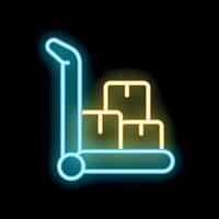 Glowing neon line icon of a hand truck with cardboard boxes, representing delivery or moving concepts vector
