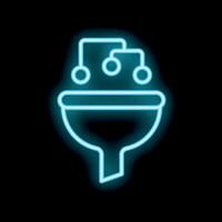 Neon blue sales funnel converting data into leads icon on black background vector
