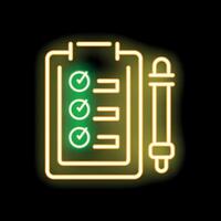 Neon yellow clipboard showing checkmarks with pen beside it on black background vector