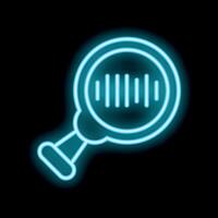 Neon icon of magnifying glass focusing on bar code on black background vector