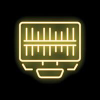 Neon icon of professional studio audio mixer with multiple faders and knobs vector