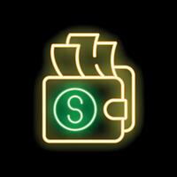 Neon wallet full of money glowing on dark background vector