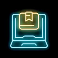Neon sign showing laptop displaying a package with a bookmark for online shopping and ecommerce vector