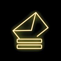 Neon yellow envelope icon resting on stack of papers on black background vector