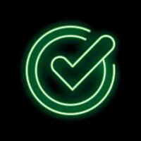 Green neon check mark symbol validating approving inside circles glowing vector