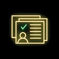 Neon icon of curriculum vitae with check mark on black background vector