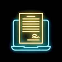 Neon icon of electronic signature on document displaying on laptop screen vector