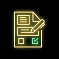 Neon icon of a pen completing a survey or application form vector