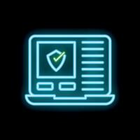 Neon icon of laptop showing security check mark on dark background vector