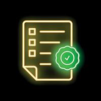 Neon style icon valid document with check mark glowing on dark background vector