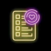 Glowing neon icon of a clipboard with a heart, representing health related data management vector