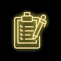 Neon yellow clipboard with checklist and pen icon glowing on black background vector