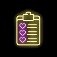 Neon icon of clipboard with checklist and hearts representing customer relationship management vector