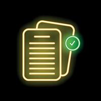 Neon icon of documents with check mark symbolizing successful completion vector