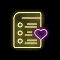 Neon icon of a checklist with a heart representing a wishlist vector