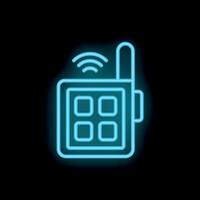 Blue neon walkie talkie sending signal on black background vector