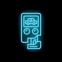 Blue glowing neon line car key with remote icon isolated on black background vector