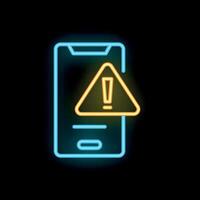 Neon smartphone showing warning sign on black background vector