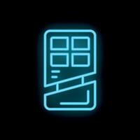 Blue neon sign showing a chocolate bar being unwrapped on black background vector
