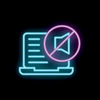 Neon sign showing laptop with sound muted symbol on black background vector