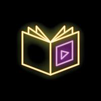 Neon icon of open book with play button for online education vector