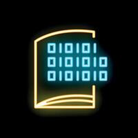 Neon icon of open book transforming into binary code data stream vector