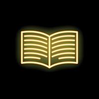 Bright yellow neon open book icon glowing on black background vector