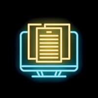 Neon computer monitor displaying documents icon illustration vector