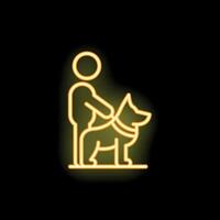 Man walking dog on leash neon sign on black background vector