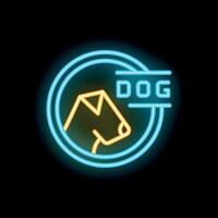 Glowing neon sign of a dog head in a circle on a black background vector