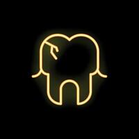 Neon icon of a damaged tooth glowing yellow on black background vector
