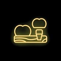 Neon style icon of a coffee cup on a wooden table with trees and a cloud in the background vector