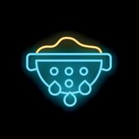 Neon icon of colander straining water from food on black background vector