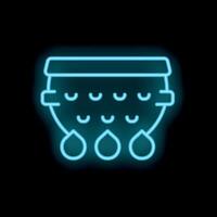 Blue neon icon of colander draining water on black background vector