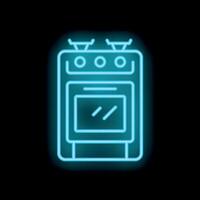Glowing neon icon of stove with oven and four burners on black background vector