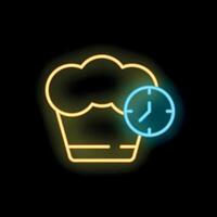 Neon icon of chef hat with clock showing cooking time vector