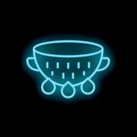 Neon sign of colander with drops of water for dark background design template vector