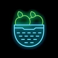 Neon icon of apples in a basket glowing on black background vector