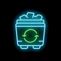 Glowing neon line recycle bin with papers icon isolated on black background, trash can icon, garbage bin sign vector