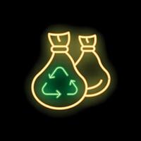 Glowing neon line trash bag with recycle symbol icon isolated on black background vector